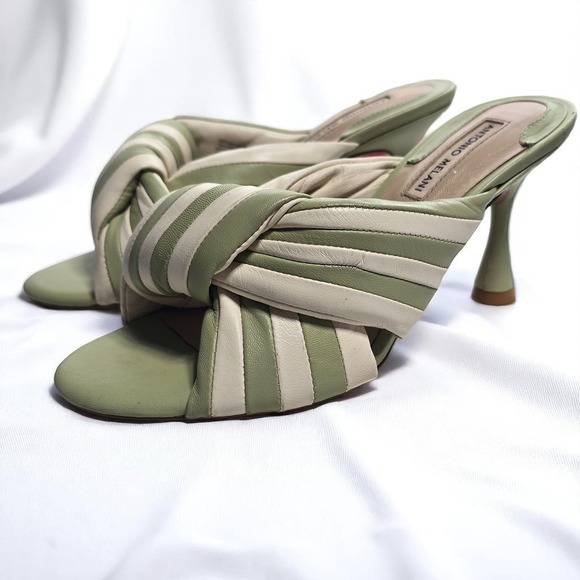 ANTONIO MELANI Shoes - Antonio Melani Leather Mules Woman 7M Knotted Heeled Sandals Striped Green Beige